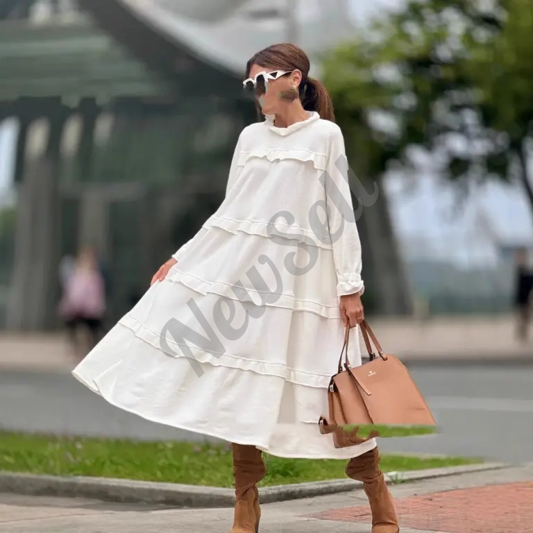 Women's Long Sleeve Patchwork Round Neck Ruffles Dress