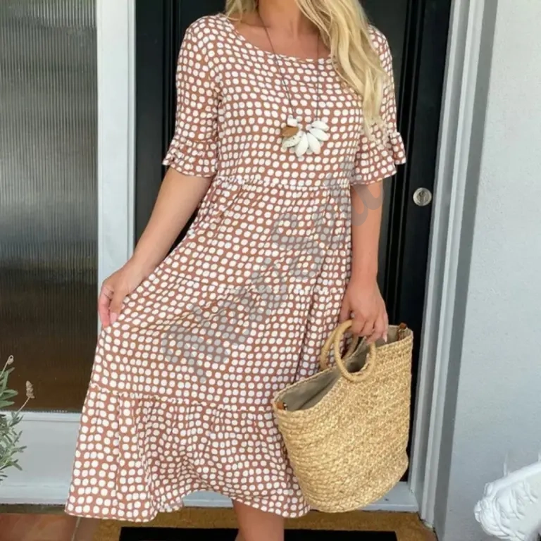 Womens Hot Bestseller Summer Crew-Neck Printed Short-Sleeve Dress