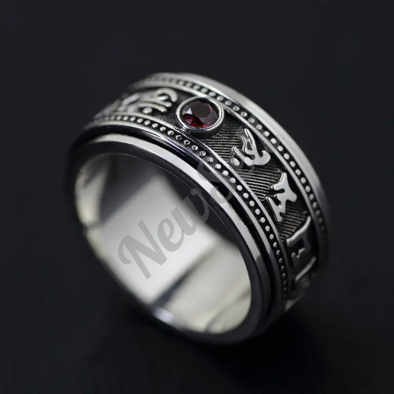 Six-Character Mantra Garnet Trendy Ring For Men