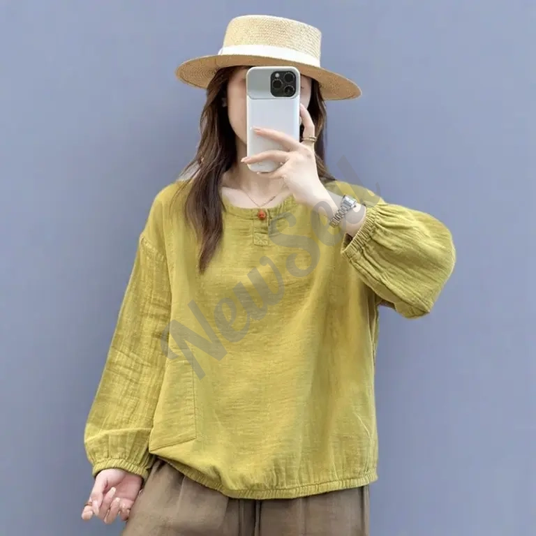 Artistic Retro Minimalist Style Casual Cotton-Linen Loose-Fit Long-Sleeve Top