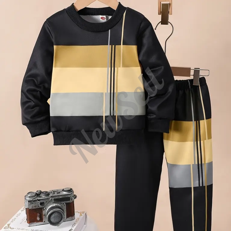 Striped Printed Fleece Hoodie And Pants Set Fleece-Lined Warm Version