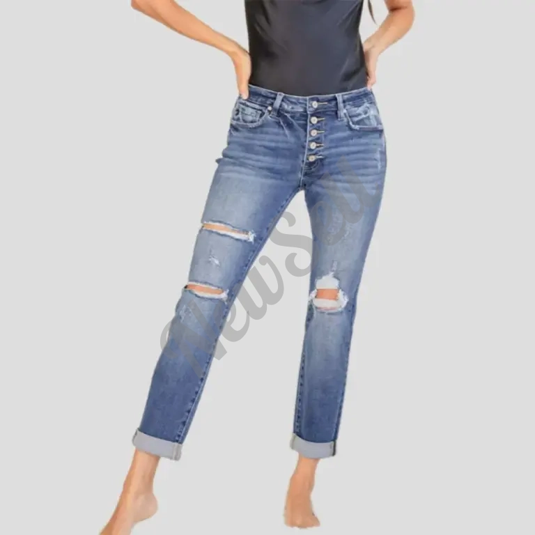 Womens Fashionable Slim-Fit Straight-Leg Ripped Cuffed Denim Jeans