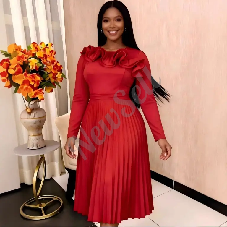 Lotus-leaf Collar Long-sleeve Crew-neck Elegant Dress