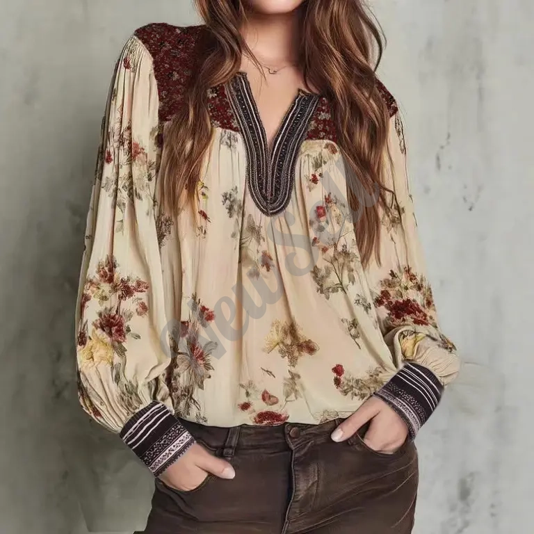 V-Neck Lace-Patchwork Long-Sleeve Floral Print Womens T-Shirt