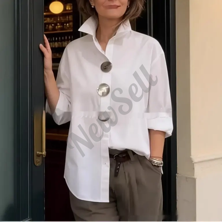 Womens Solid-Colored Stand-Up Collar Metal-Button Long-Sleeve Shirt