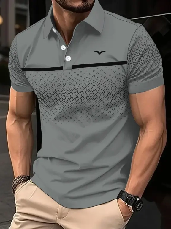 Men's Slim-Fit Printed Lapel Short-Sleeve Polo Shirt