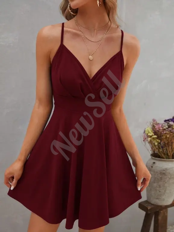Summer Solid Color V-Neck High-Waist Strap Backless Dress