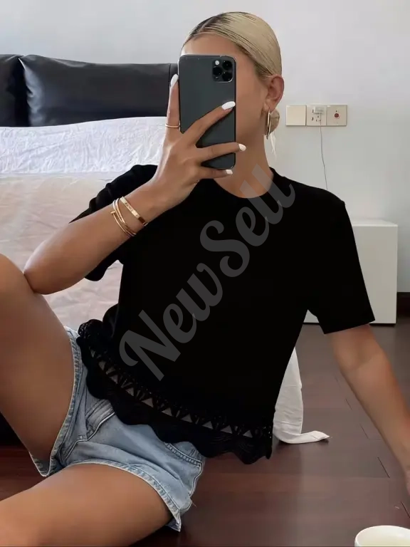 Women's Solid Color Versatile Hollow-Out Spliced Short-Sleeve