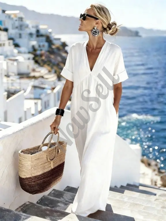 Womens Casual Resort-Style V-Neck Short-Sleeve Solid Color Long Dress