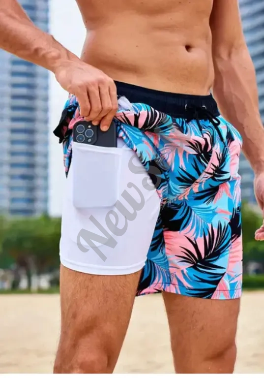 European And American 3D Digital-printed Mens Double-layer Beach Shorts