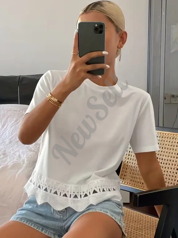 Women's Solid Color Versatile Hollow-Out Spliced Short-Sleeve