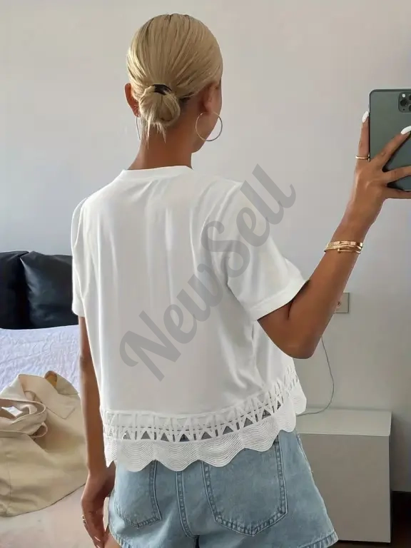 Women's Solid Color Versatile Hollow-Out Spliced Short-Sleeve