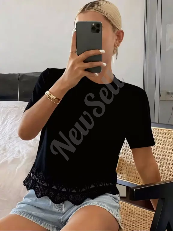 Women's Solid Color Versatile Hollow-Out Spliced Short-Sleeve