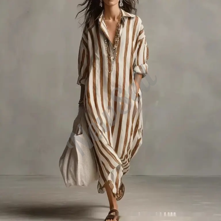 Striped Lapel-collar Dress With Side Slits And Pockets