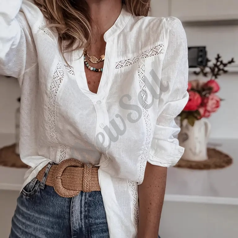 Women's Stand Collar Puff Sleeve Lace Cotton-Linen Embroidered Shirt