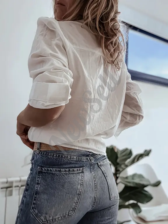 Women's Stand Collar Puff Sleeve Lace Cotton-Linen Embroidered Shirt