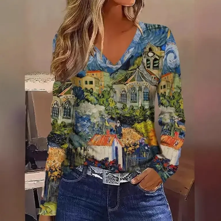 Fashionable Casual Geometric V-Neck Long-Sleeve Top For Women