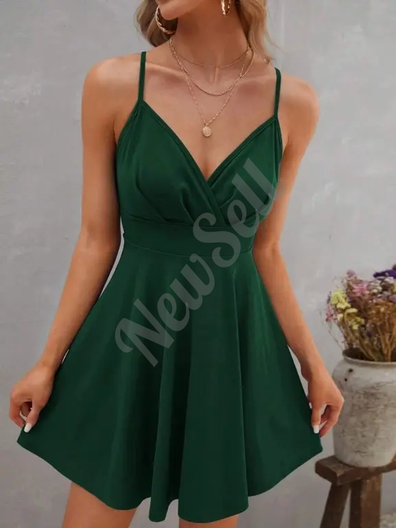 Summer Solid Color V-Neck High-Waist Strap Backless Dress