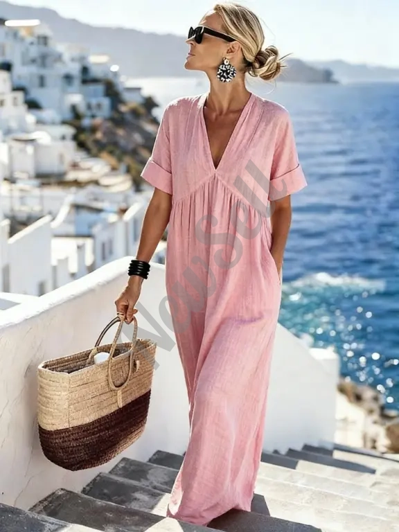 Womens Casual Resort-Style V-Neck Short-Sleeve Solid Color Long Dress