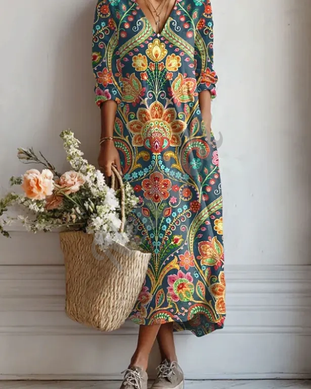 Women's Loose-fitting Fashion V-neck Printed Dress