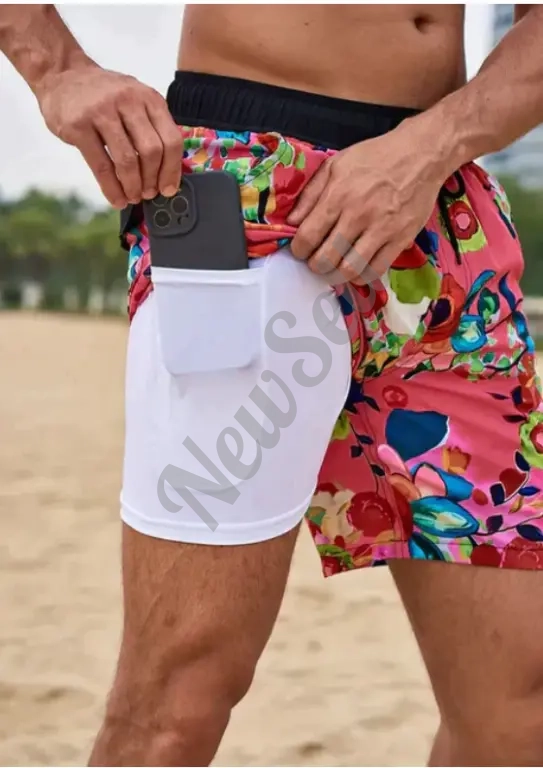 European And American 3D Digital-printed Mens Double-layer Beach Shorts