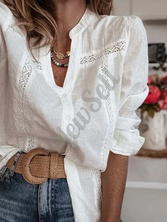 Women's Stand Collar Puff Sleeve Lace Cotton-Linen Embroidered Shirt