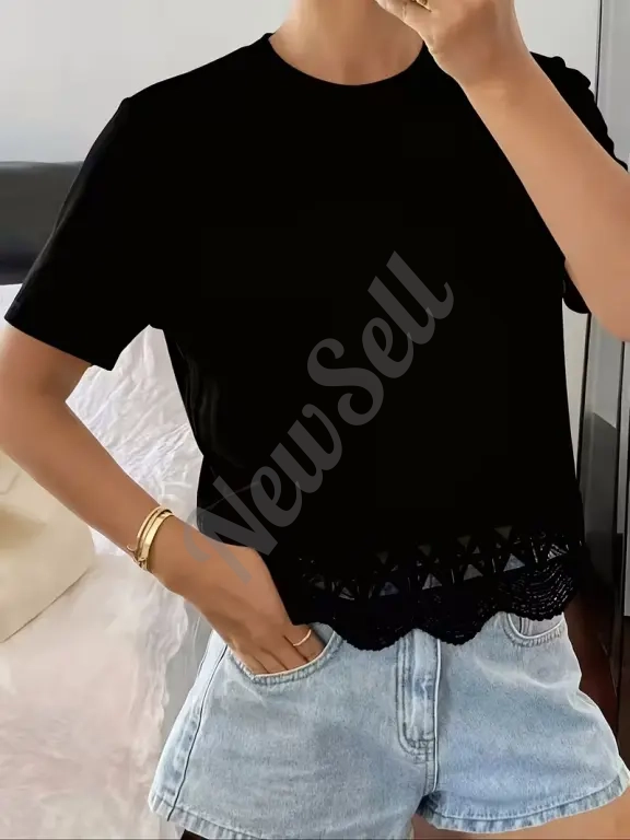 Women's Solid Color Versatile Hollow-Out Spliced Short-Sleeve