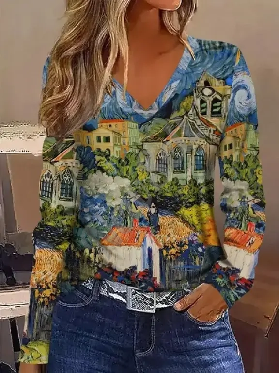 Fashionable Casual Geometric V-Neck Long-Sleeve Top For Women