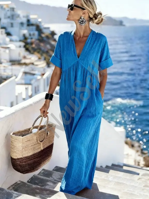 Womens Casual Resort-Style V-Neck Short-Sleeve Solid Color Long Dress