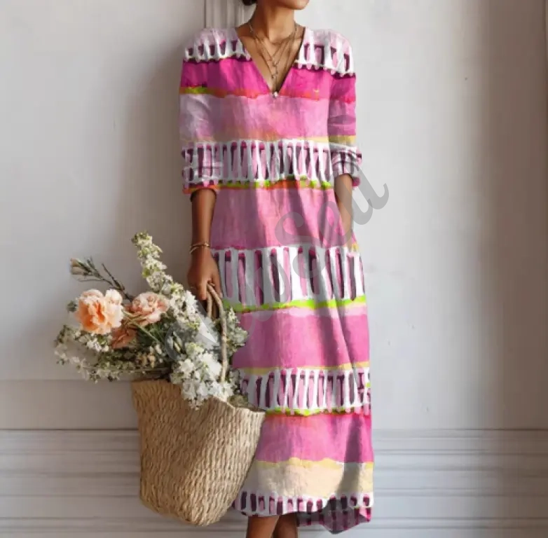 Printed V-Neck Fashionable Trendy Patchwork Womens Dress