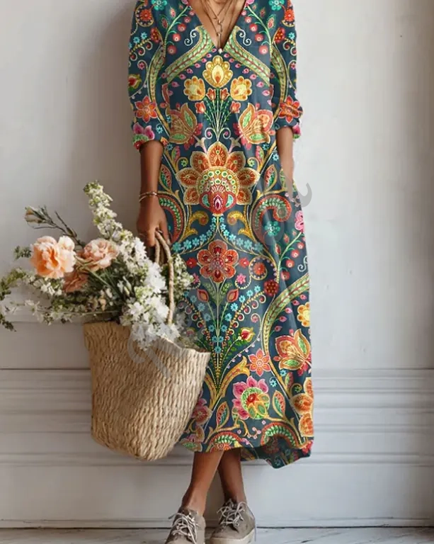 Women's Loose-fitting Fashion V-neck Printed Dress