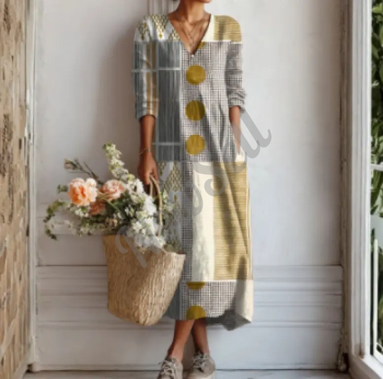 Printed V-Neck Fashionable Trendy Patchwork Womens Dress