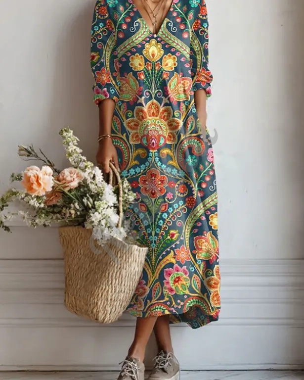 Women's Loose-fitting Fashion V-neck Printed Dress