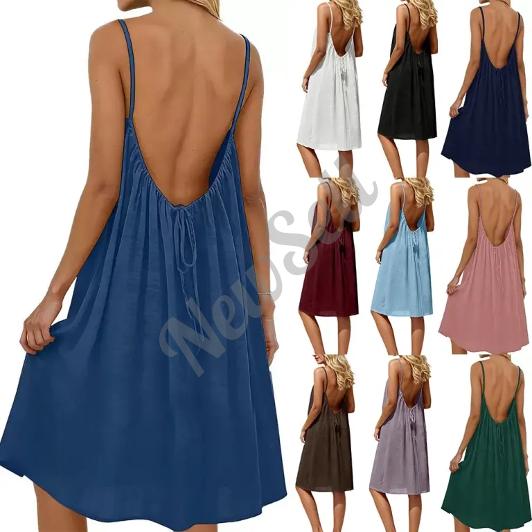 Women's Solid-Colored Strap Backless Dress