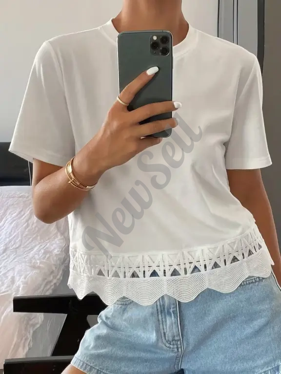 Women's Solid Color Versatile Hollow-Out Spliced Short-Sleeve