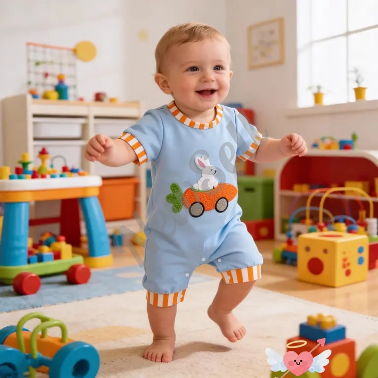 Baby Short-sleeve Onesie Light Blue With Rabbits And Carrots