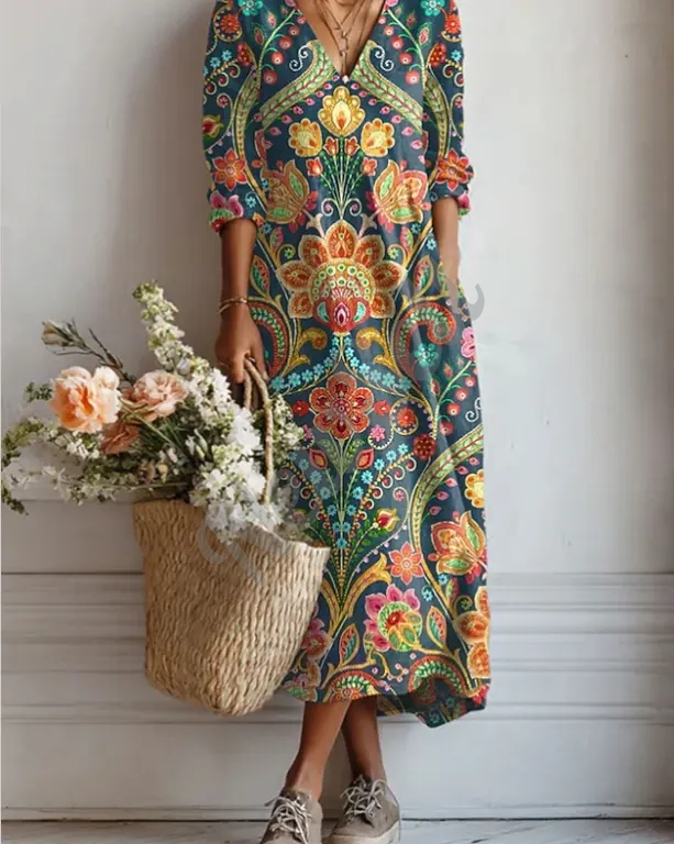 Women's Loose-fitting Fashion V-neck Printed Dress