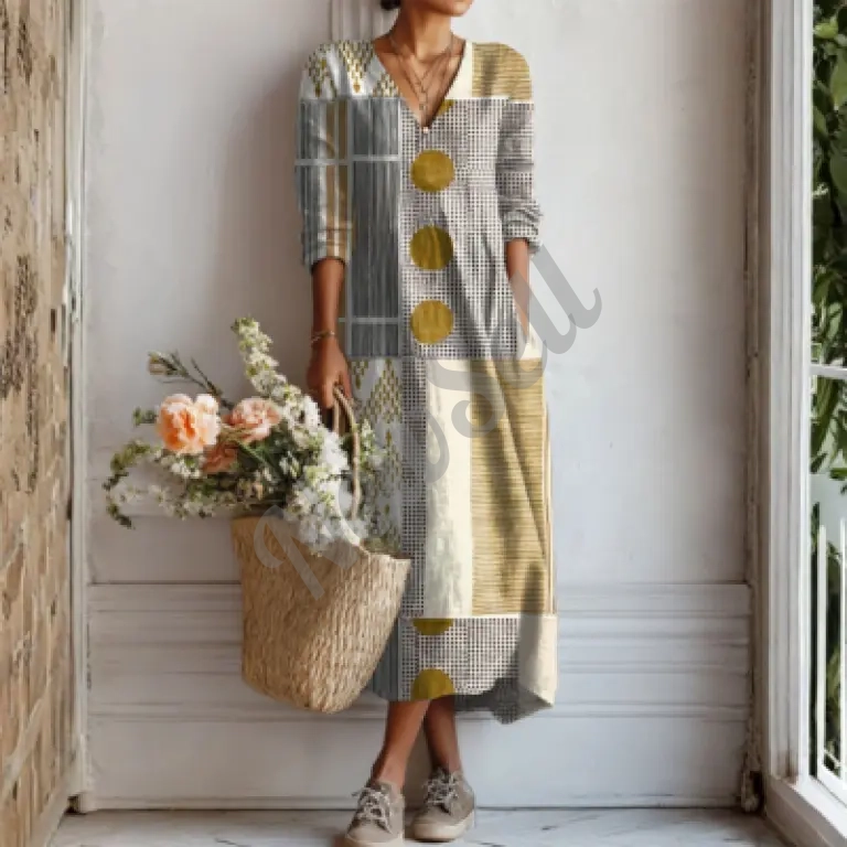 Printed V-Neck Fashionable Trendy Patchwork Womens Dress