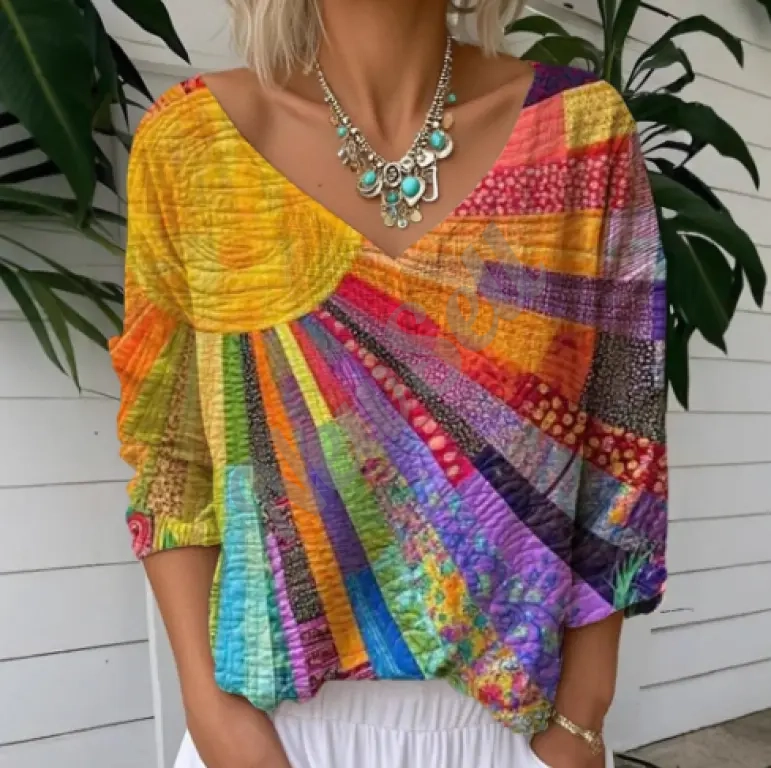 Womens Printed Casual Loose V-Neck Long-Sleeve Top