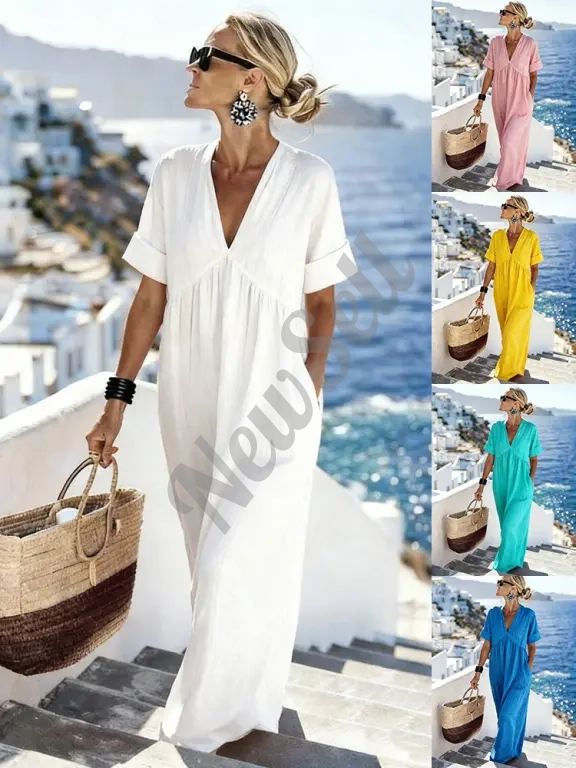 Womens Casual Resort-Style V-Neck Short-Sleeve Solid Color Long Dress