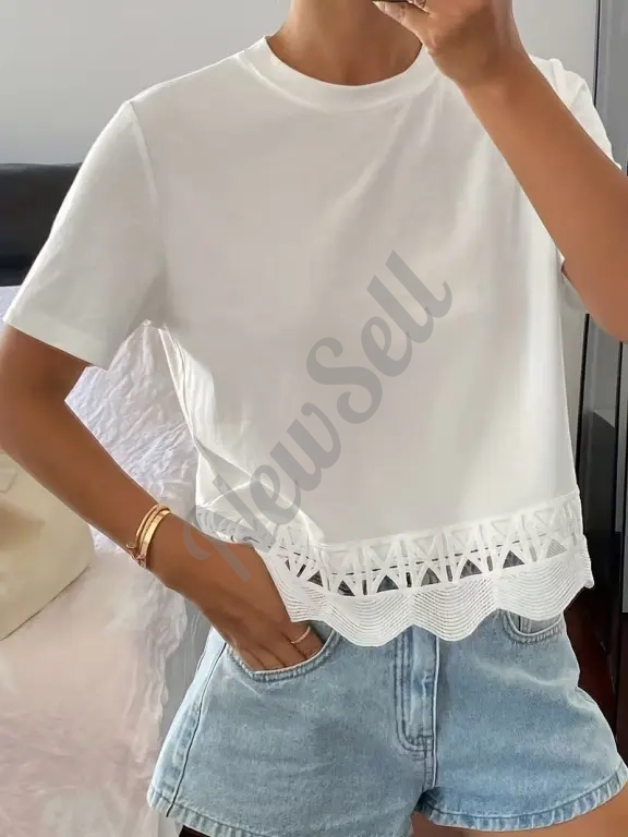 Women's Solid Color Versatile Hollow-Out Spliced Short-Sleeve