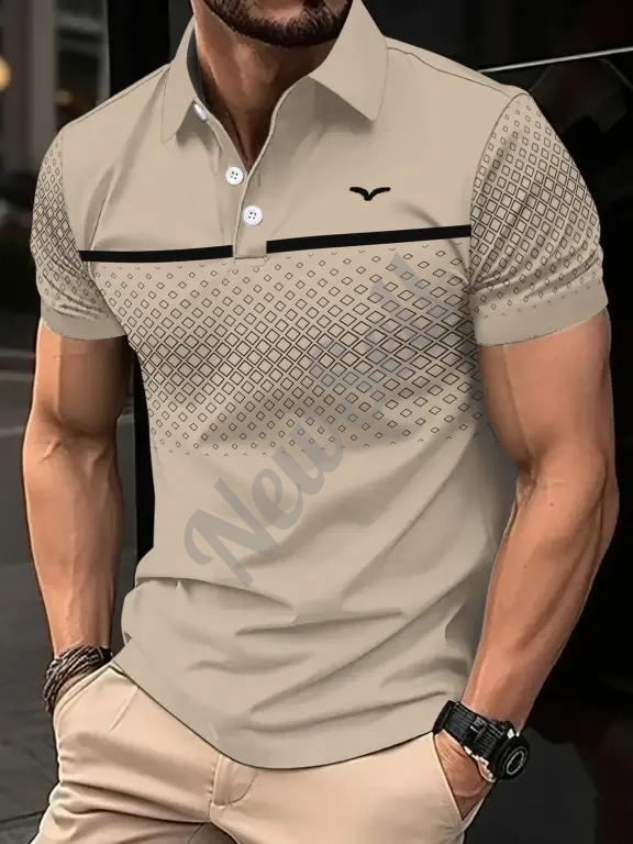 Men's Slim-Fit Printed Lapel Short-Sleeve Polo Shirt