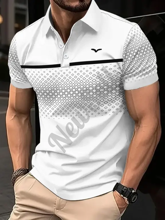 Men's Slim-Fit Printed Lapel Short-Sleeve Polo Shirt